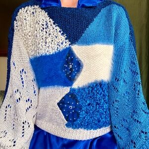 Womens Cozy Winter Sweater, Blue & White Vintage Knit, M / L Fuzzy Patchwork